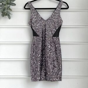Bebe Bodycon Sequin Mesh Cutout Sleeveless Fitted Party Prom Dress Silver Grey X